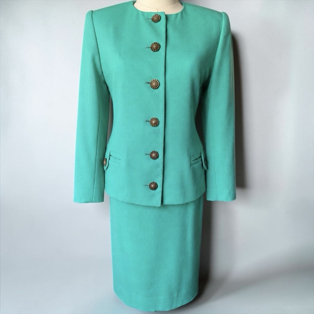 Herbert Grossman Seafoam Green Teal Wool Skirt Suit Sz 12 Cynthia Sobel